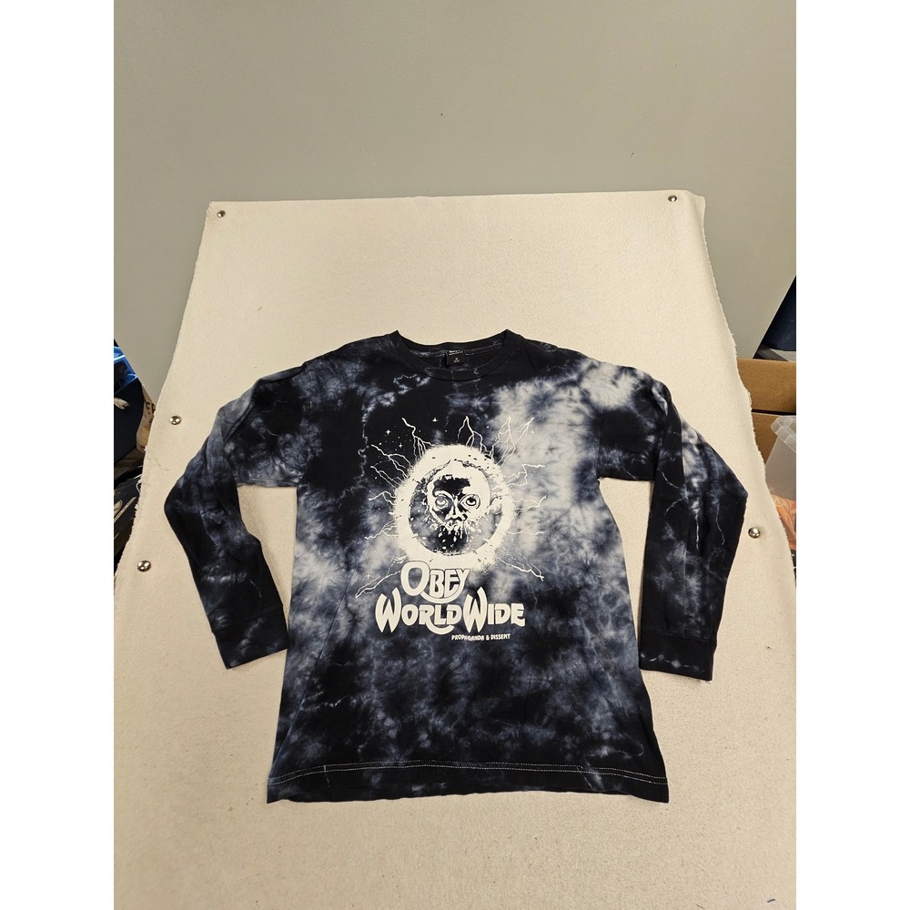 Obey Worldwide Mens Medium Tie Dye Long Sleeve Graphic T-Shirt Skull Black White